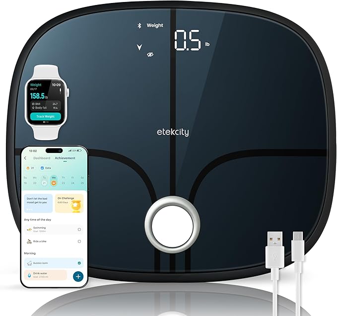 Etekcity Smart Rechargeable Scale for Body Weight BMI Fat Muscle Mass Digital Bathroom Scale with 13 Metrics Secret Mode Bluetooth Connect to Free Apps Stealth Black