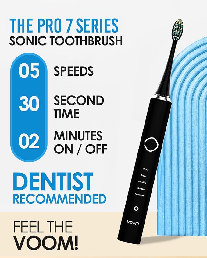 Voom Sonic Pro 7 Series Rechargeable Electronic Toothbrush Advanced Oral Care Technology 2-Minute Timer w/Quadrant Pacing 5 Adjustable Speeds Magnetic Levitation 100% Waterproof Black (VM-20946)