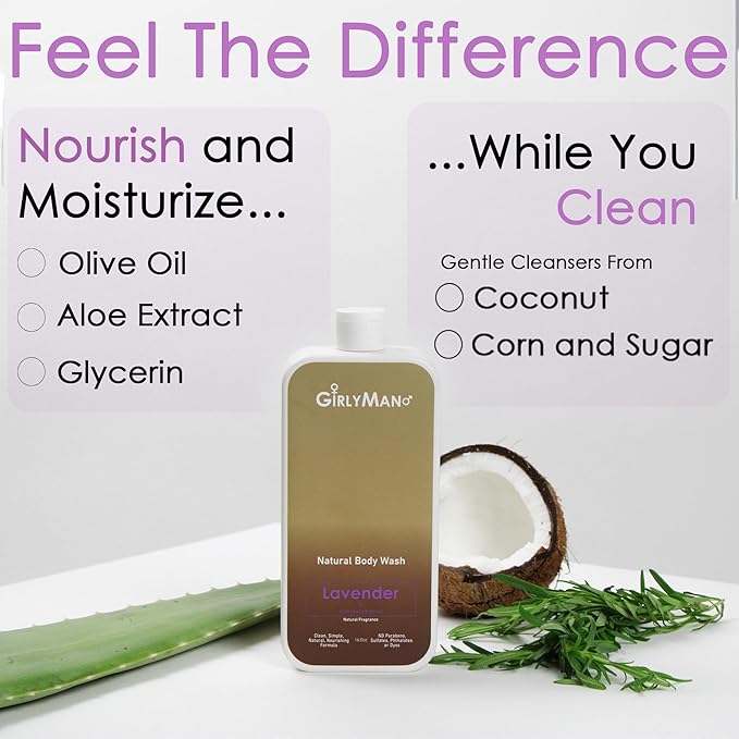 GirlyMan Natural Body Wash - Made with Olive Oil &amp Aloe Extract No Artificial Fragrance PH Balanced Gentle Formula Nourishing Ingredients Family Owned (Lavender)