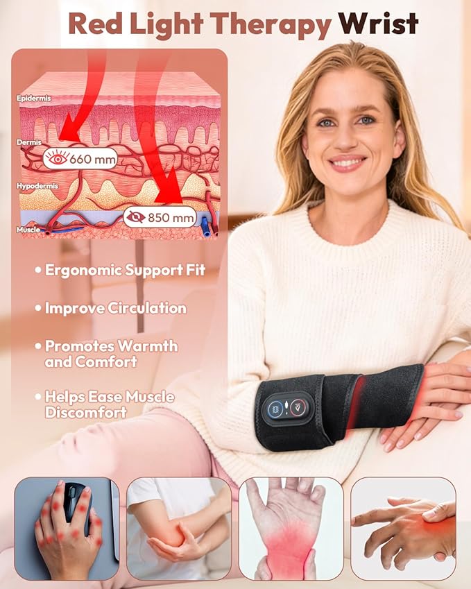 Red Light Therapy for Wrist Hands Wrap Cordless Infrared Heating Pad with Vibration for Body Arm Knee Foot Wearable Heated Wrist Massager Brace 660nm/850nm (Black)