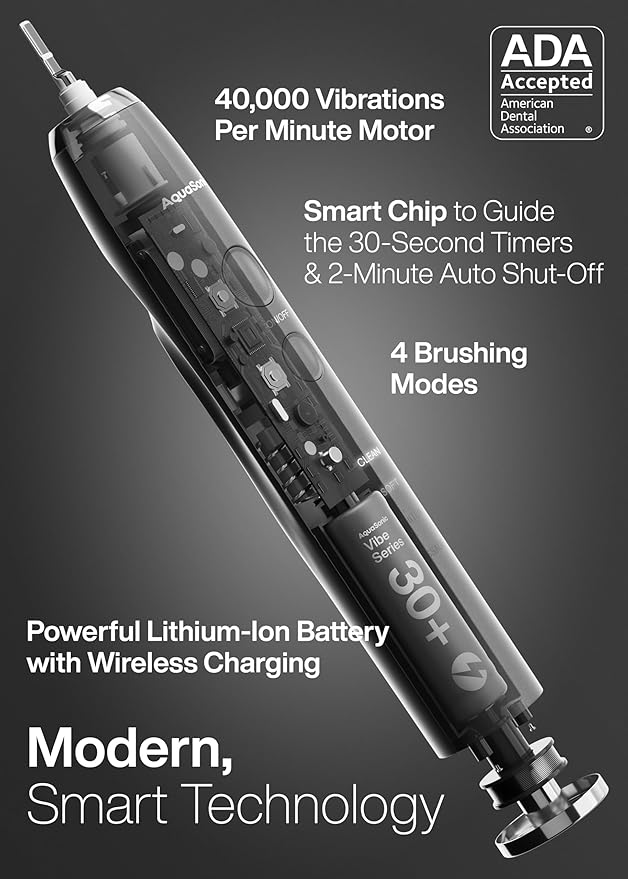 Aquasonic Vibe Series Ultra-Whitening Toothbrush – ADA Accepted Electric Toothbrush - 8 Brush Heads &amp Travel Case – 40000 VPM Motor &amp Wireless Charging - 4 Modes w Smart Timer – Charcoal Meta