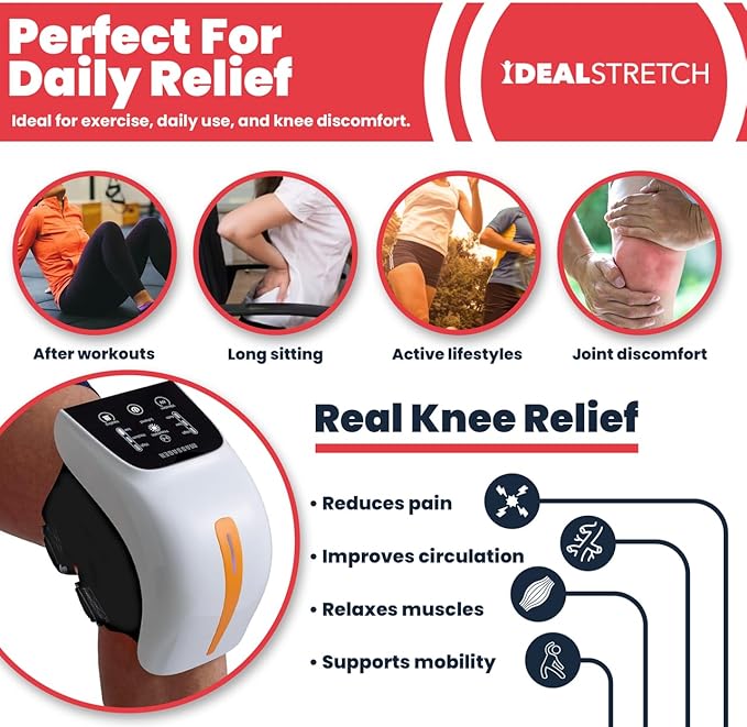 IdealProducts Knee Massager Pro+ with Heat Red Light Therapy and Vibration 6-in-1 Dual-Wavelength - Cordless Portable Adjustable Straps Knee Pain Relief