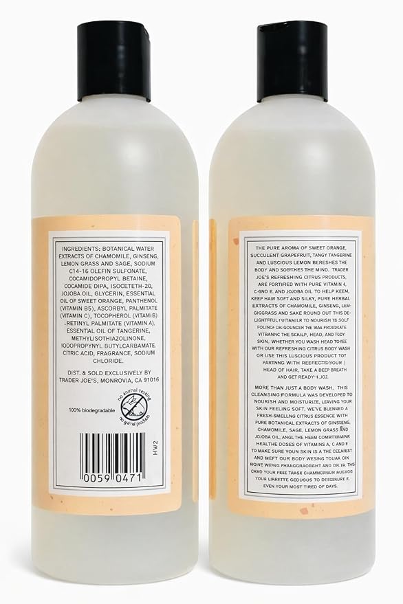 Trader Joe's Refresh Citrus Body Wash with Vitamin C Orange Blossom and Grapefruit 16 fl oz 2 Pack