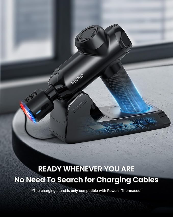 RENPHO Power+ Thermacool Deluxe Massage Gun with Heat and Cold 12mm Amplitude Deep Tissue Percussion Massager with Charging Stand App Controlled Guided Course 6 Speeds 6 Attachments Carry Case