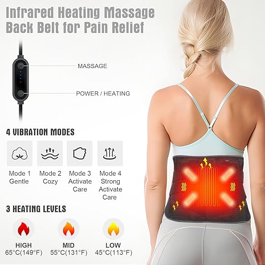 Heated Back Brace with Massage Rechargeable Heating Pad for Back Pain Relief Adjustable Back Support Belt with Heat Therapy and Vibration Massager for Men and Women XL