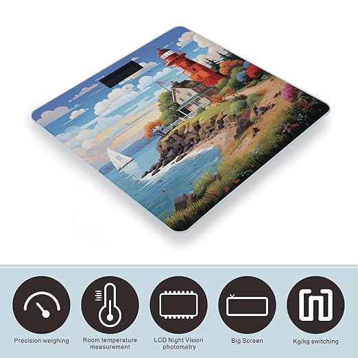 Coastal Lighthouse Bathroom Scale Rounded Smart Scale for Body Weight Automatic Power On/Off Weight Scales Accurate Bathroom Digital Scales for Pet Home Bedroom Kitchen