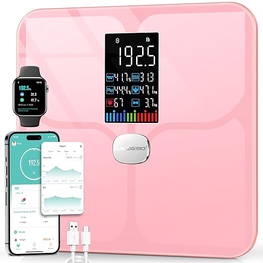 ABLEGRID Body Fat ScaleDigital Smart Bathroom Scale for Body WeightLarge Color Display Screen16 Body Composition Metrics BMIWater WeighHeart RateBaby Mode400lbRechargeable-Rosegold