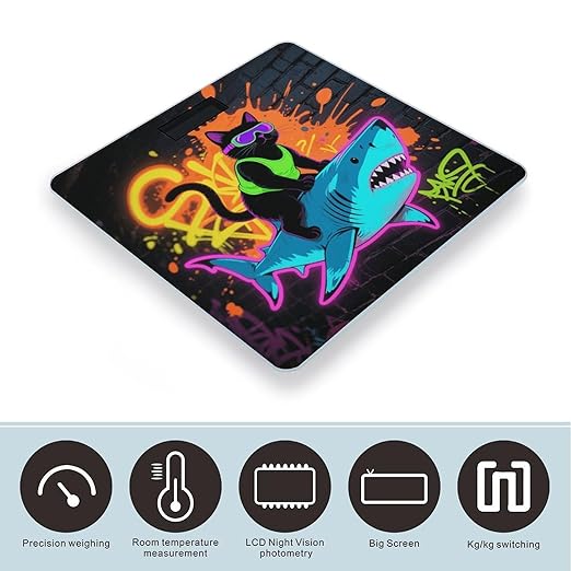 Blacklight Cat Riding Shark Scale for Body Weight Sturdy Tempered Glass Weighing Scales with LCD Display Accurate Digital Bathroom Scale Convenient Body Fat Smart Scales Easy Read