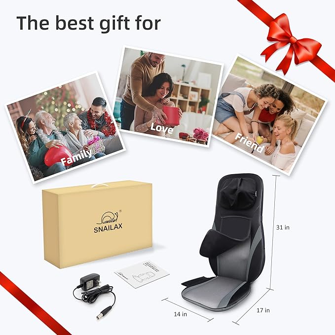 Snailax Shiatsu Back Massager with Heat -Deep Kneading Massage Chair Pad with Adjustable Intensity Shiatsu Chair Massager to Relax Full Body MuscleGift for Mother