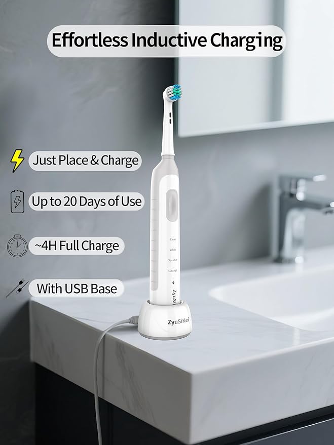 Rotating Electric Toothbrush for Adults with 4 Modes Round Head and USB Charging Base - for Sensitive Gums IPX7 Waterproof (White)