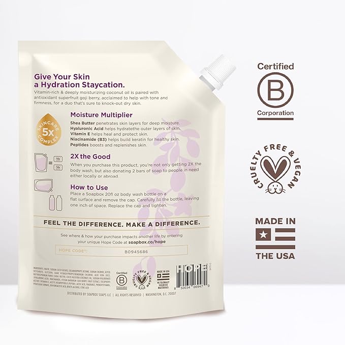 Soapbox Body Wash Refill Coconut + Goji Berry Body Wash Refill Pack Bulk Soap Pouch Vegan + Antioxidant Rich Moisturizing with Shea Butter Peptides &amp Keratin Promoting B3 40oz