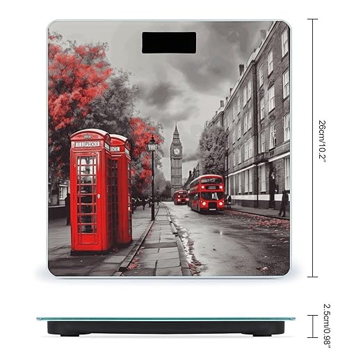 Red London Street Bathroom Scale for Body Weight Bathroom Weighing Scale with Backlit LCD Display Highly Accurate Measures Weight Up to 180kg