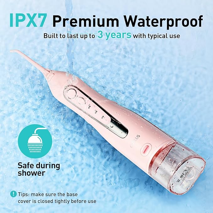 COSLUS Water Dental Flosser Teeth Pick C20(F5020E): Portable Cordless Oral Irrigator 300ML Rechargeable Travel Irrigation Cleaner IPX7 Waterproof Electric Flossing Machine for Teeth Cleaning Pink