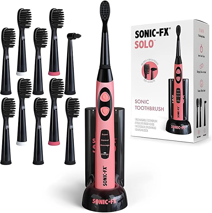 Sonic-FX Solo Electric Toothbrush w/ 10 Brush Heads + 1 Interdental Charcoal Bristles Rechargeable Charging/Storage Base 3 Brush Modes Smart Timer 2 Months Use on Full Charge Coral Color