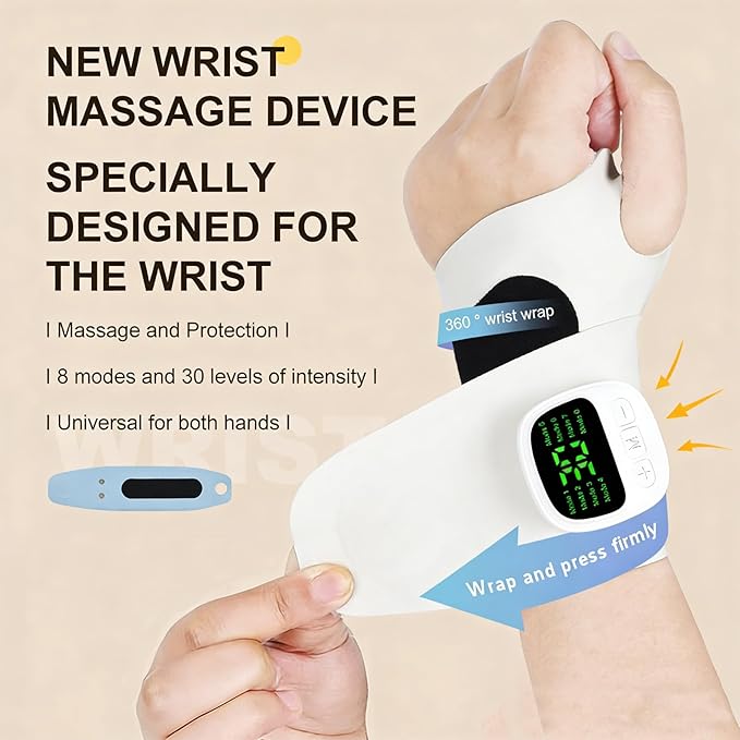 Rechargeable Adjustable Electric Wrist MassagerPortable Cordless Carpal Tunnel Wrist Massager with 8 Modes 30 Intensity LevelsWearable Hand Heating Pad for Hand Pain Relief (White)