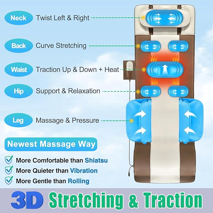 Full Body Massage Mat with Airbags Stretching &amp Heating 3D Lumbar Traction &amp Relaxation Back Massager Pad 4 Modes 3 Intensities 3 Heat Levels PU Leather Portable &amp Foldable Design Fi