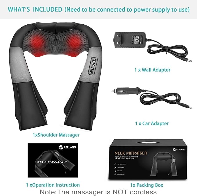 AERLANG Shiatsu Back and Neck Massager Back Massager Deep Tissue Kneading Neck and Shoulder Massage with Heat Electric Massage Pillow Fathers Day Gift Ideas from Daughter Son(NOT Cordless)
