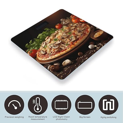 Pizza with Mushrooms and Tomatoes on Top Bathroom Scale Rounded Smart Scale for Body Weight Automatic Power On/Off Weight Scales Accurate Bathroom Digital Scales for Pet Home Bedroom Kitchen