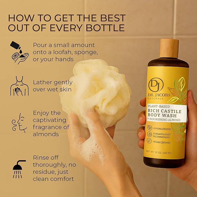 Dr. Jacobs Naturals Pure Castile Soap Liquid Body Wash Almond - Plant Based Castile Soap Infused with Vitamin E and Aloe Vera to Moisturize Dry and Sensitive Skin - Made in The USA - 32 oz Pack of 1