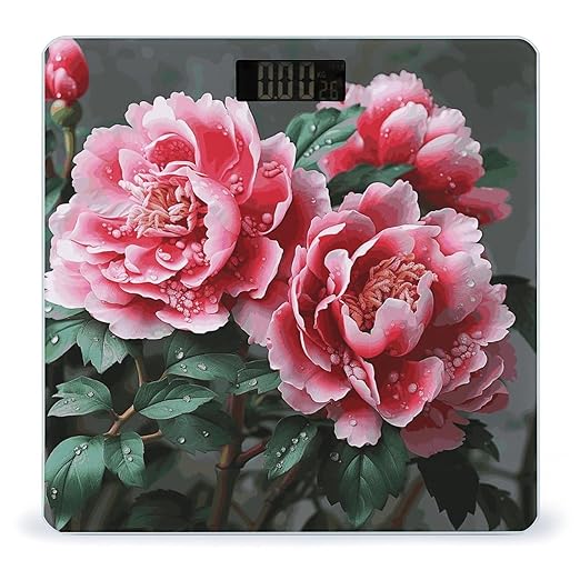 Beautiful Peony Flower Bathroom Scale for Body Weight Bathroom Digital Electronic Weighing Scale with Back Lit LED Display Sturdy Tempered Glass Weight Watchers Scales 400lb