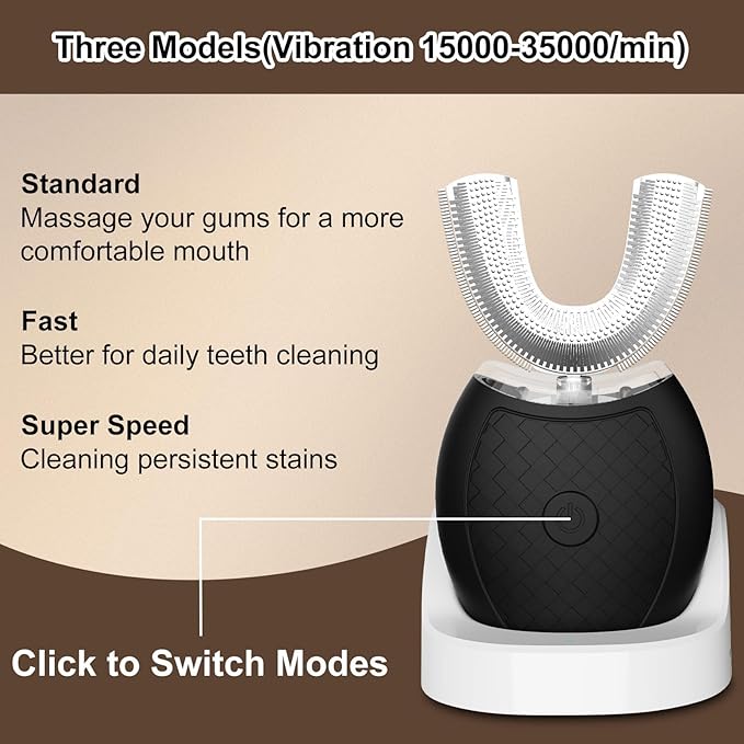 Electric Toothbrush for Adults and Nylon U-Shaped Brush Head Replacement Compatible with U-Shaped ToothbrushU Shaped Automatic Toothbrush for 360-degree Cleaning 3 Modes for Whitening Wire