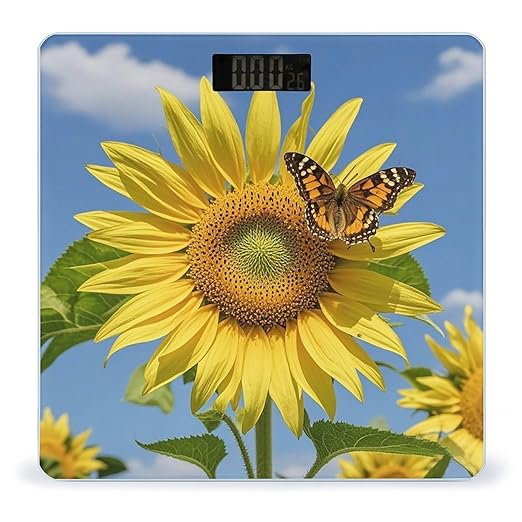 Sunflower and Butterfly Bathroom Scale for Body Weight Bathroom Weighing Scales with Back Lit LED Display Sturdy Tempered Glass Body Weight Bathroom Scale 400lb Weighing