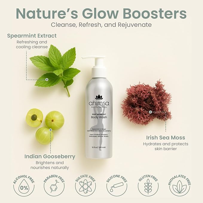 Ahimsa Gentle All Natural Body Wash for Women Moisturizing Body Wash Sensitive Skin Dry Skin &amp All Complexions Invigorating Spearmint &amp Ginger Antioxidant-Rich Plant-Based Sulfate Free (10