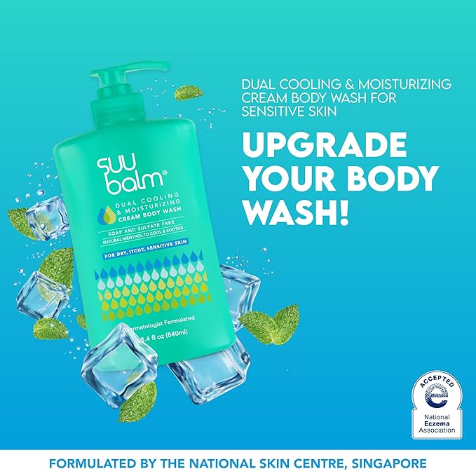 Suu Balm Body Wash (28.4 fl oz) and Anti Itch Relief Cream (11.83 fl oz) bundle Psoriasis Body Wash Moisturising Cleanser for Dry Itchy Skin Relief Derm-Formulated with Menthol &amp Shea Butter