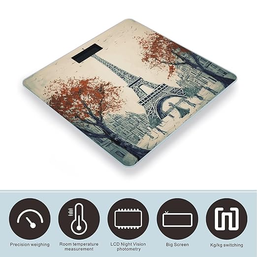 Paris City Tree Eiffel Tower Art Scale for Body Weight Anti-Slip Tempered Glass Digital Bathroom Scales Clear LCD Display Weighing Scale Safe Rounded Corners Smart Scales