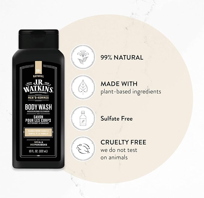 J.R. Watkins Natural Daily Moisturizing Body Wash Hydrating Shower Gel for Men and Women Free of SLS Cruelty Free Sandalwood Vanilla 18 fl oz 6 Pack