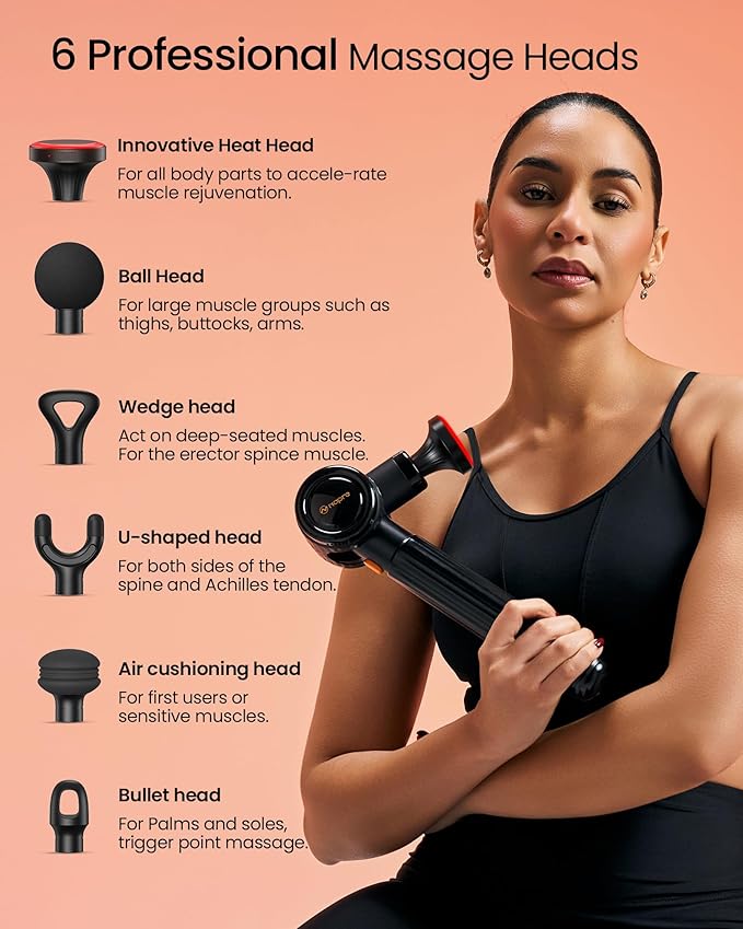 NAPRE Massage Gun with HeatMassage Gun Deep Tissue with Extension Handle &amp 3 Adjustable AnglesHandheld Percussion Back Massager for Muscle/Neck/Body Pain Relief6 Heads &amp Silentwith CaseBl