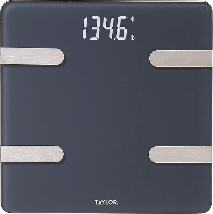 Taylor Smart Body Composition Scale with Precision Hub App for Body Weight with Smart App Connectivity Third Party Sync 400 lb Capacity Durable Glass Platform Charcoal