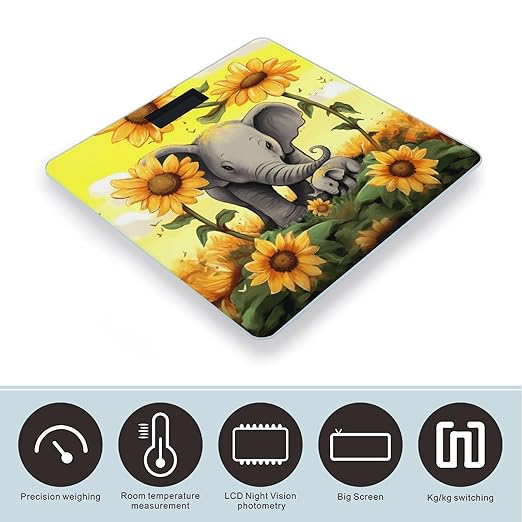 Mother and Baby Elephant Sunflowers Bathroom Scale Large LCD Backlight Display Digital Scale Rounded Corners Body Scales Automatic Power On/Off Bathroom Scales for Home Bedrooms