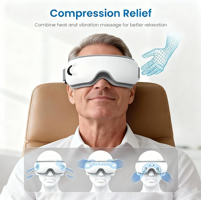 Eye Massager with Heat and Music Relaxation and Stress Relief Device. Heated Eye Mask Massage for Migraines &amp Headache Relief Reduce Dry Eyes Improve Sleep. Birthday Gifts for Women Men Mom Dad