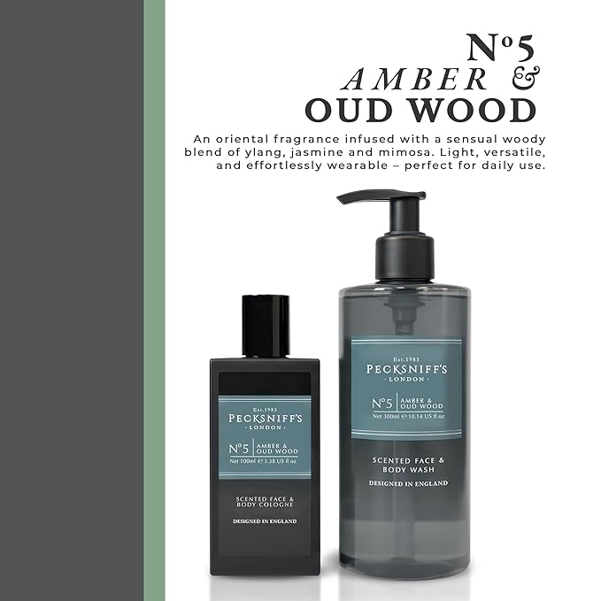 Pecksniff's Face &amp Body Duo Amber &amp Oud Wood – Men’s Grooming Gift Set with 100ml Face &amp Body Cologne and 250ml Body Wash – Luxury Fragrance Collection Made in England