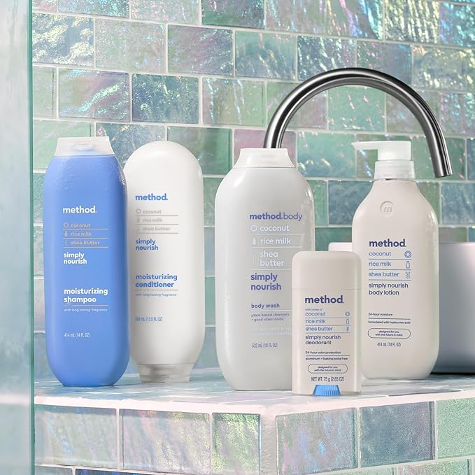 Bundle of Method Sea + Surf Body Wash 18 oz (Pack of 1) + Pure Peace Body Wash 18 oz (Pack of 1) + Simply Nourish Body Lotion 14 oz (Pack of 1) + Glacier + Granite Body Lotion 14 oz (Pack of 1)