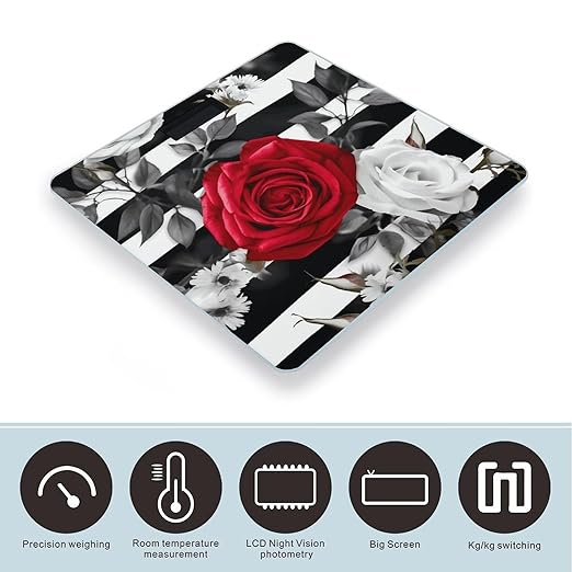 Black White Stripes Red Rose Flowers Bathroom Scale Weight Scale for Body WeightHighly Accurate Digital Weighing Machine Clear LED Display Digital Bathroom Body Scale 400lb/182kg