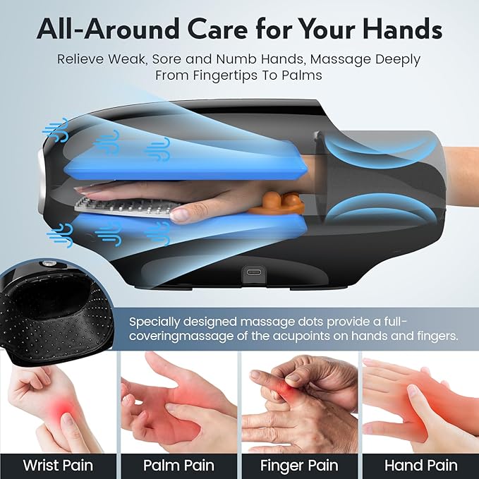 Hand Massager with Kneading Rollers6 Modes and 2 Heating Options for Hot and Cold Therapy Hand and Wrist Massager for Arthritis Carpal Tunnel ReliefCordless Hand Massager with Heat and Compression