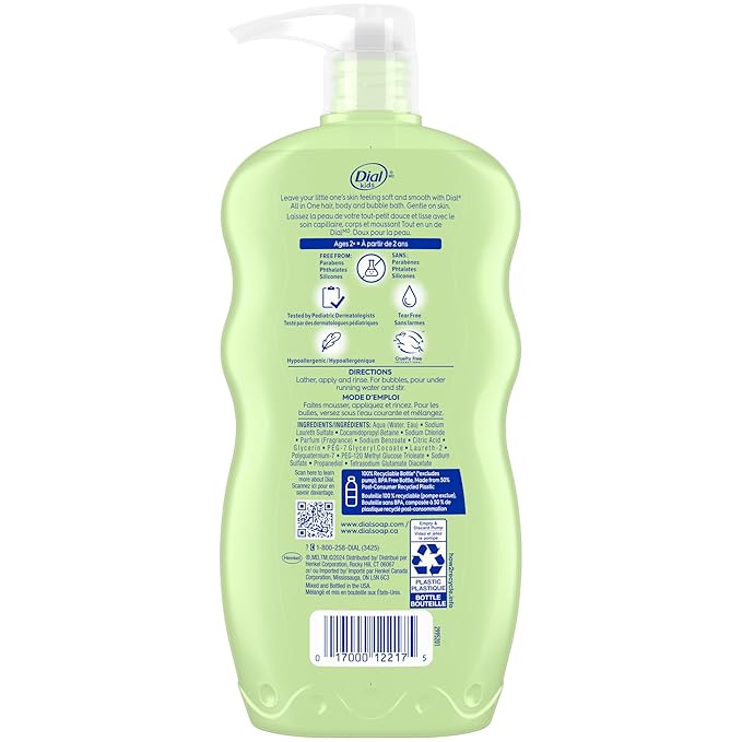Dial Kids All-in-1 Body Wash + Hair + Bubble Bath Melon Scent 24 Fl Oz Pack of 4 Hypoallergenic Body Wash &amp Shampoo No Tears Formula for Kids 2+ Years No Parabens &amp Silicones