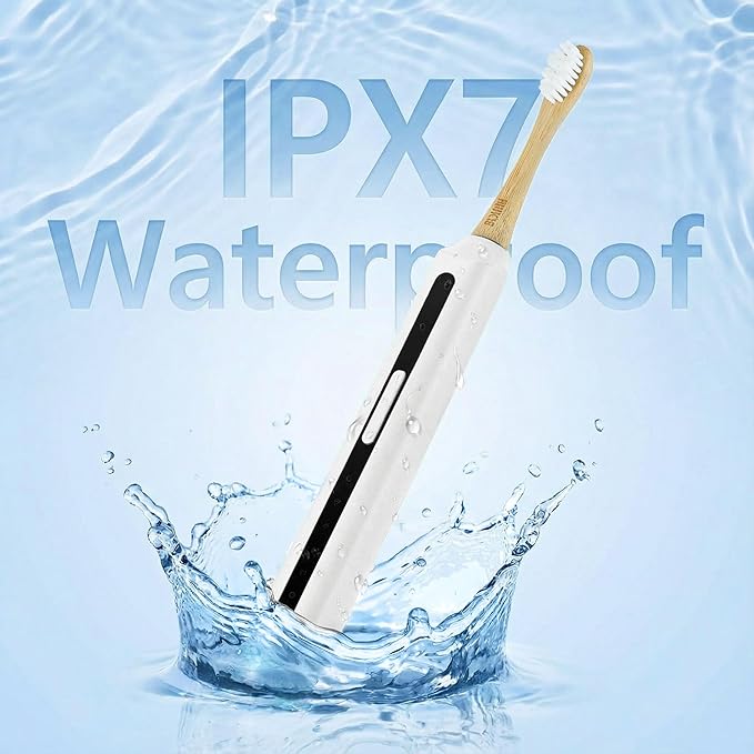 Bamboo Electric Toothbrush丨Rechargeable Electric Toothbrush with 4 Bamboo Heads Soft Castor Oil Bristles5 Moedes&amp3 Intensities 45 Days Battery Life IPX7 Waterproof-White