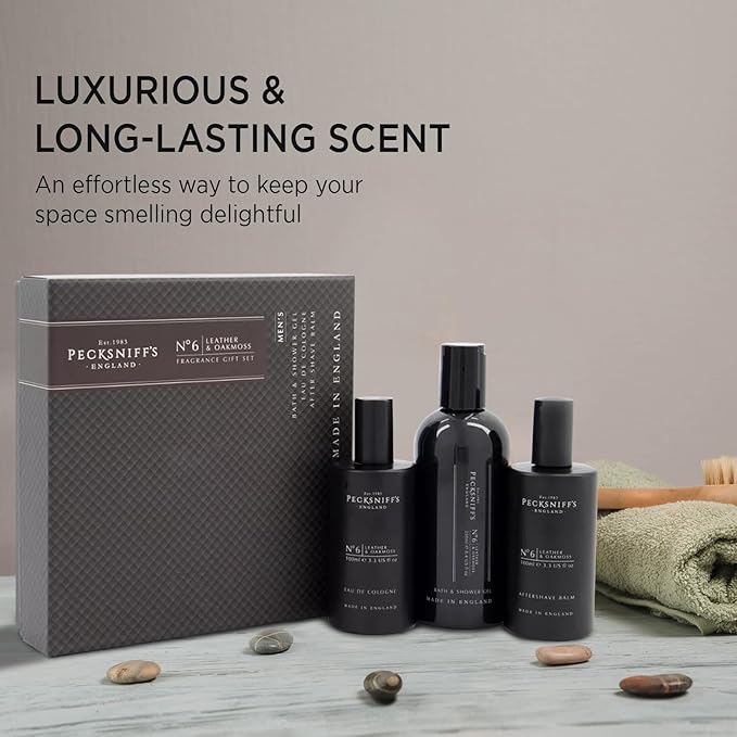 Pecksniff's Fragrance Gift Sets Luxurious Handcrafted in England (Men's Leather &amp Oakmoss: Eau de Cologne 3-in-1 Bath &amp Shower Gel After Shave Balm)
