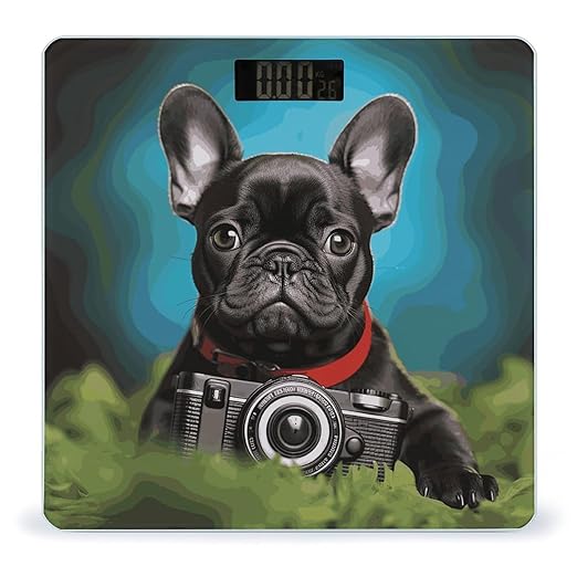 French Bulldog Puppy with Camera Scale for Body Weight Sturdy Tempered Glass Weighing Scales with LCD Display Accurate Digital Bathroom Scale Convenient Body Fat Smart Scales 400lb
