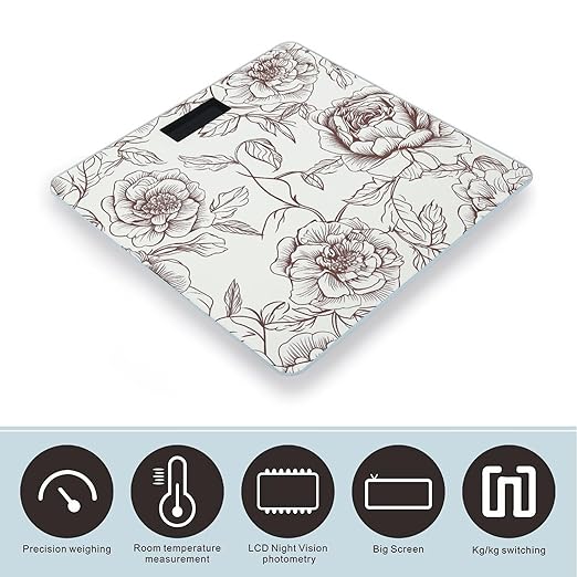 Line Floral Rose Flowers Design2 Scale for Body Weight High Precision Digital Weight Scales with LCD Display Anti-Slip Sturdy Slim Tempered Glass Bathroom Scale for Home Use