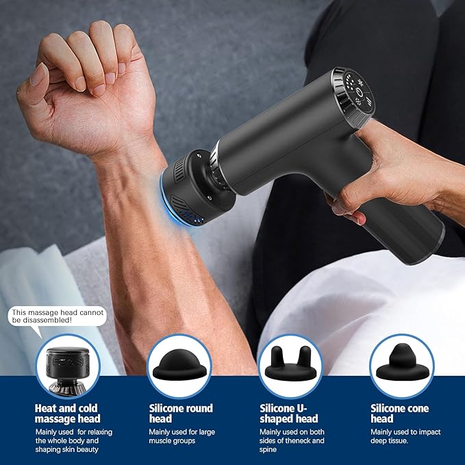 Massage Gun with Heat and Cold 2 in 1 Portable Mini Muscle Massager with Extended Handle Handheld Electric Percussion Deep Massager Tissue Massage Gun for for Home Gym