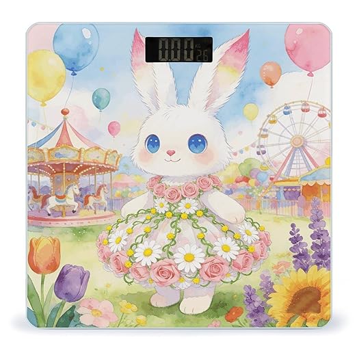 Flowered Dress Rabbit Smart Scale for Body Weight Digital Bathroom Scale Toughened Glass Weight Scale with Large LCD Backlight Display High Precision Scales Weighing Machine