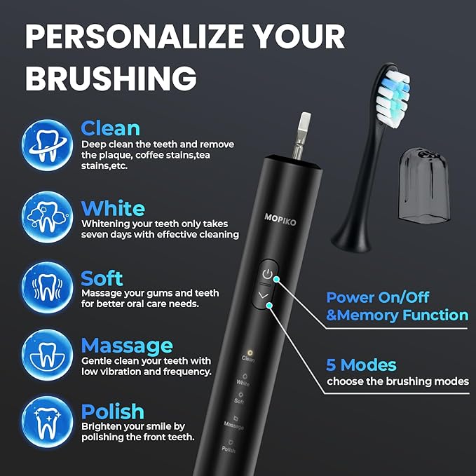 Sonic Electric Toothbrush for Adults - Rechargeable Black Electric Toothbrush with 8 Brush Heads 5 Modes Sonic Power Toothbrush with Travel Cover