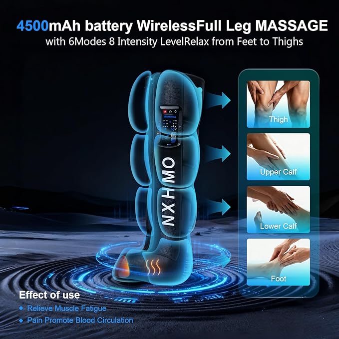 Cordless Leg Air Compression Massager with Heat for Circulation and Pain ReliefSequential Compression Boot for Athletes (L Size)