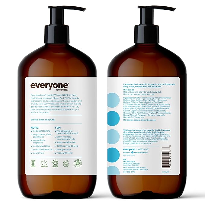 Everyone 3-in-1 Soap Body Wash Bubble Bath Shampoo 32 Ounce (Pack of 2) Unscented &amp Liquid Hand Soap Refill 1 Gallon Meyer Lemon and Mandarin