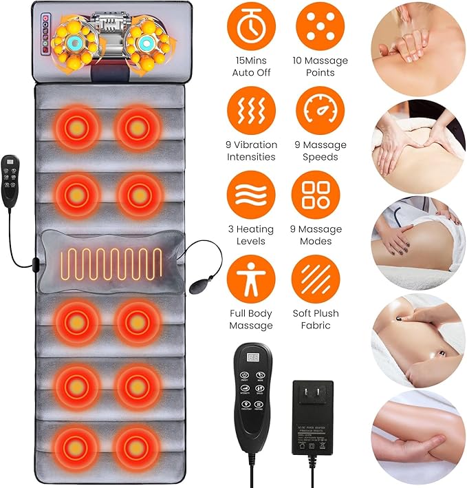 iMounTEK Full Body Electric Massage Mat for Home Office with Heat Vibration Massage Pad Cushion Back Massage Mattress Chair Pad with Neck Massage Pillow with 10 Vibration Motors Timer（53.14*19.68in ）