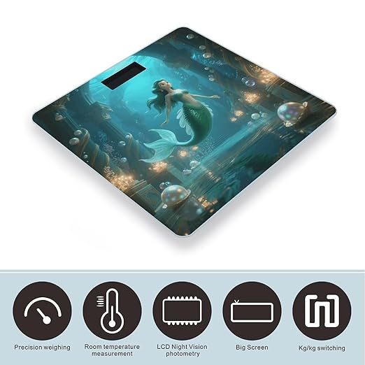 Mermaid in Underwater Palace Weight Scale Cute Bathroom Scale for Body Highly Accurate Digital Weighing Machine for People Compact LCD Display Scales with Sturdy Toughened Glass Scales